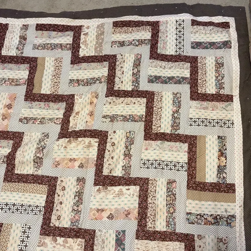 Vintage 1994 Handmade Patchwork Quilt Brown Geometric Rail Fence Twin XL 61x95